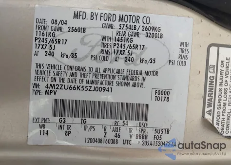 2005 Mercury Mountaineer from USA, damaged, VIN 4M2ZU66K55ZJ00941